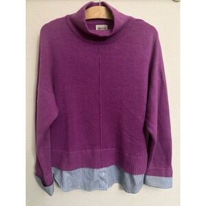 Diane Snyder Purple 100% Cashmere Layered Mock Neck Sweater XL Striped Trim